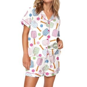 SheShow Pickleball Watercolor Satin‎ Pajama Set Sz L